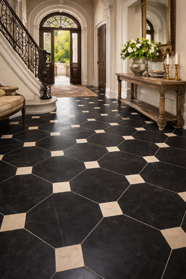 black marble octagon mosaic floor with beige cabochons 12 inch european foyer entrance installation.jpg black marble octagon mosaic floor with beige cabochons 12 inch european foyer entrance installation.jpg